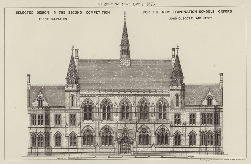 Geselecteerd Ontwerp in de Tweede Competitie voor de Nieuwe Examen Scholen Oxford, Voorgevel (gravure) door English School