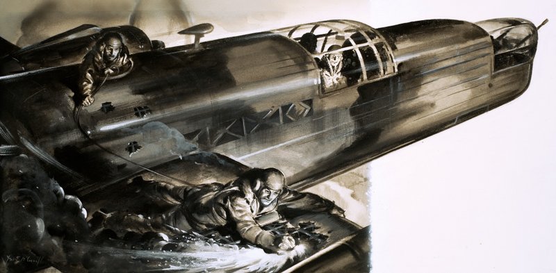 Sergeant James Allen Ward loopt over de vleugel van een Wellington-bommenwerper door English School