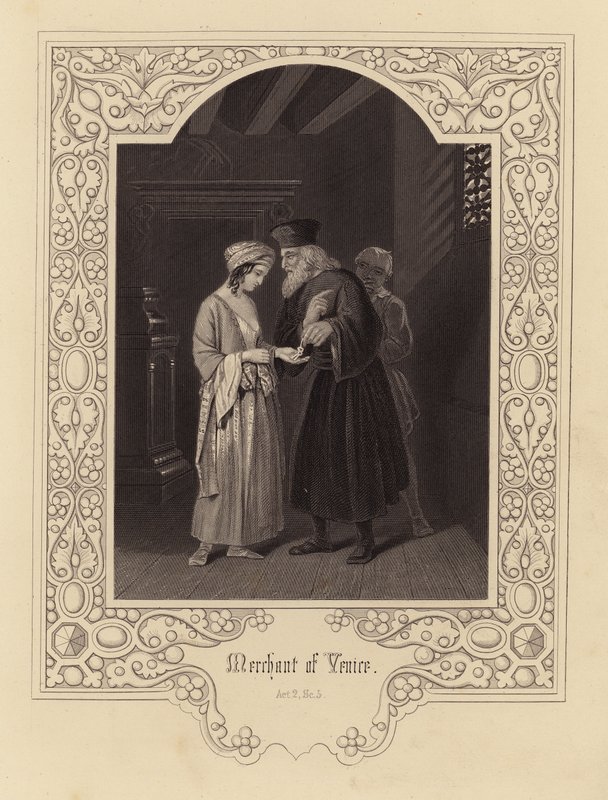 Shakespeare: Koopman van Venetië, Act 2, Scene 5 (gravure) door English School