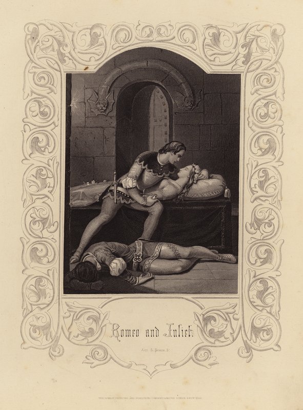 Shakespeare: Romeo en Julia, Act 5, Scene 3 (gravure) door English School