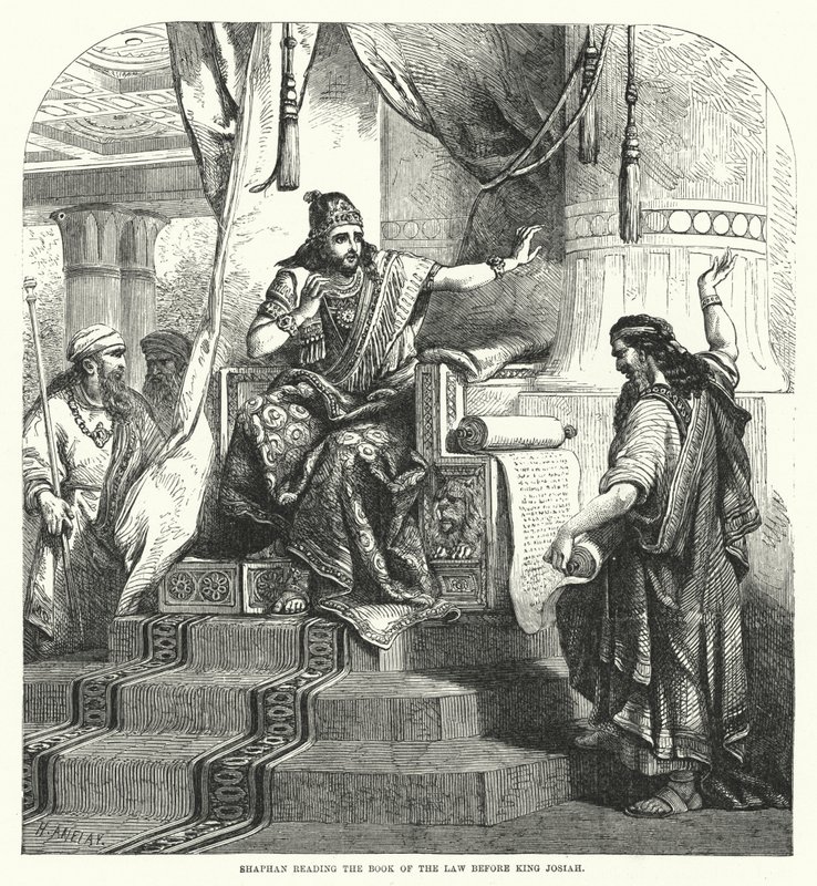 Shafan leest het wetboek voor aan koning Josia (gravure) door English School