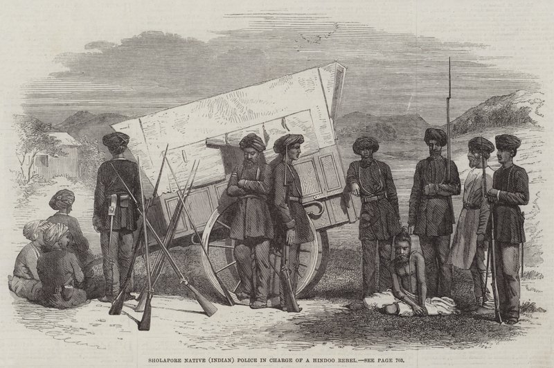Sholapore Inheemse (Indiase) Politie in Bewaring van een Hindoe Opstandeling (gravure) door English School