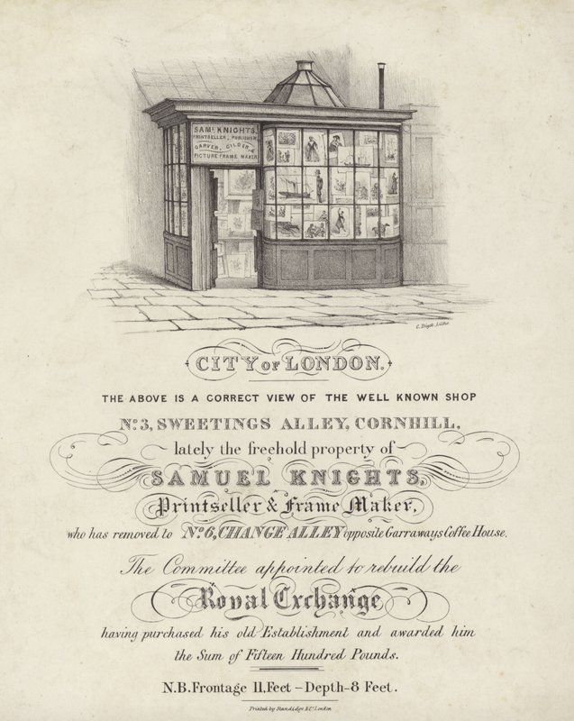 Winkel van Samuel Knights, prentverkoper en lijstenmaker, 3 Sweetings Alley, Cornhill, City of London door English School