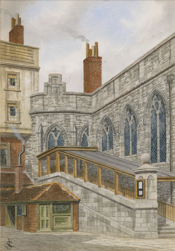 Zijaanzicht van Crosby Hall, met de buitentrap door English School