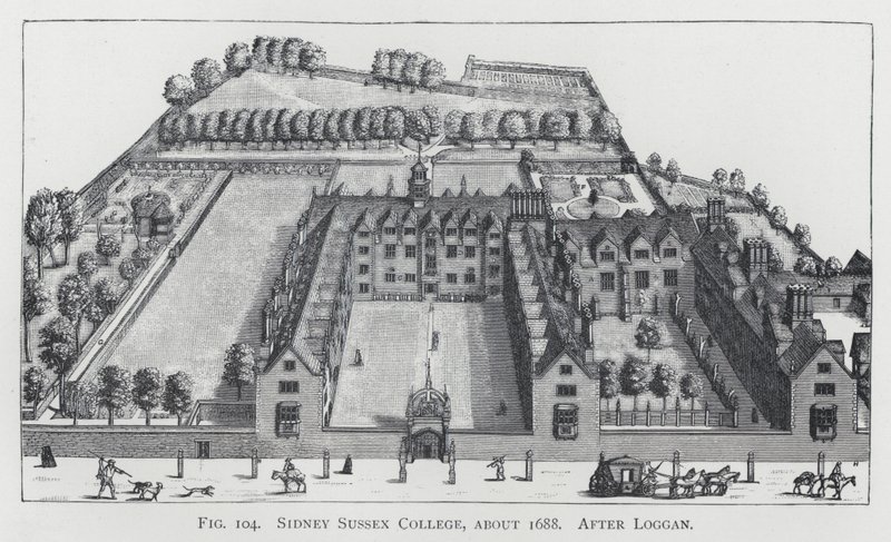Sidney Sussex College, circa 1688, naar Loggan door English School
