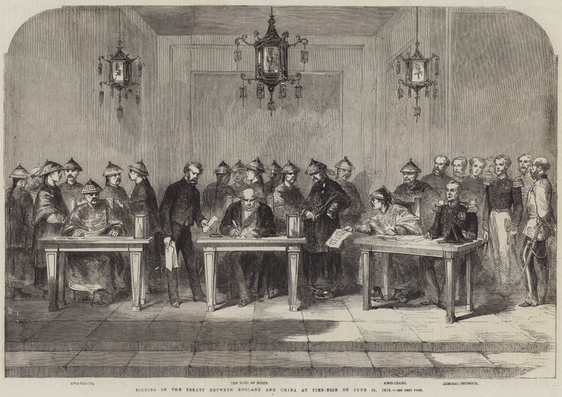 Ondertekening van het Verdrag tussen Engeland en China in Tien-Tsin op 26 juni 1858 (gravure) door English School