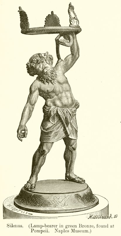 Silenus. (Lampdrager in groen brons, gevonden in Pompeii. Napels Museum) (gravure) door English School
