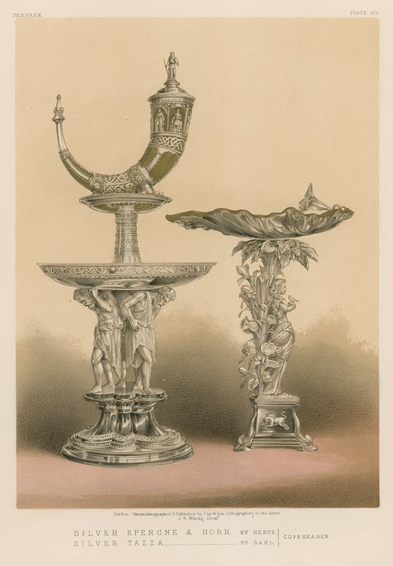 Zilveren Epergne en Hoorn door Hertz, Zilveren Tazza door Dahl, Kopenhagen door English School