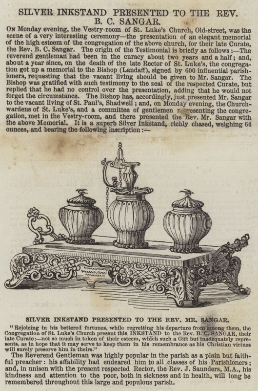 Zilveren Inktstel gepresenteerd aan de Eerwaarde B C Sangar (gravure) door English School