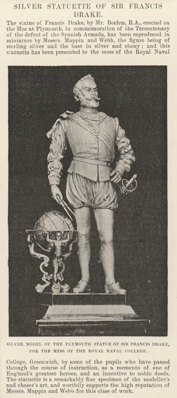 Zilveren model van het Plymouth standbeeld van Sir Francis Drake, voor de mess van het Royal Naval College door English School