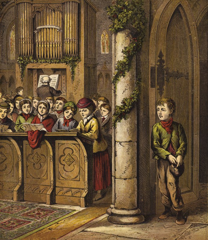 Kerstliederen zingen in de kerk, met arme jongen bij de deur door English School