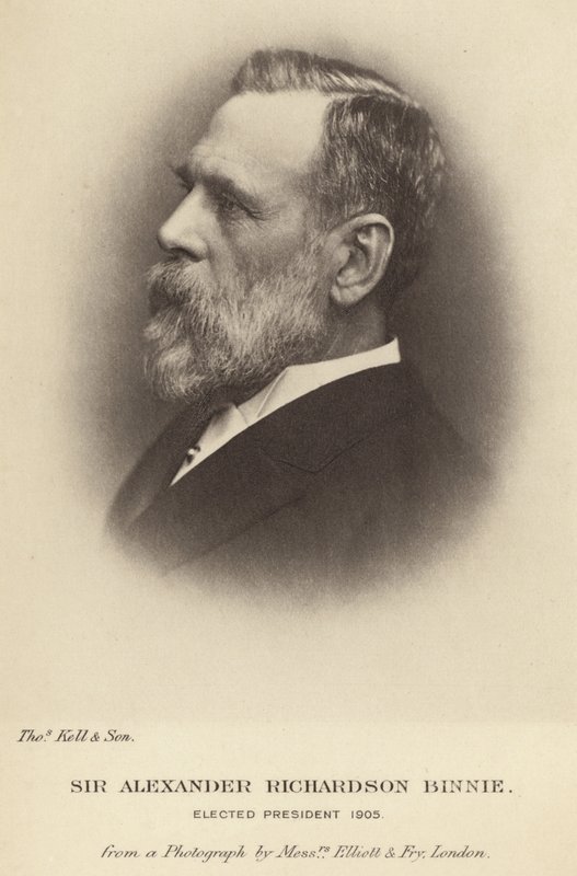 Sir Alexander Richardson Binnie verkozen tot voorzitter van de Institution of Civil Engineers in 1905 door English School