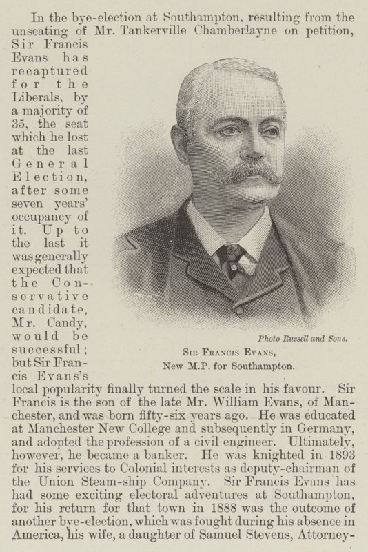 Sir Francis Evans, nieuw parlementslid voor Southampton (gravure) door English School