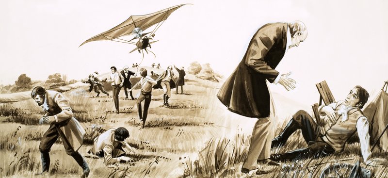 Sir George Cayleys koetsier vliegt een vliegtuig in 1852 door English School