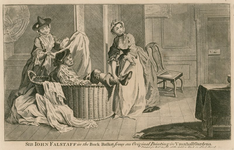 Sir John Falstaff in de wasmand, van een origineel schilderij in de Vauxhall Gardens, Londen door English School