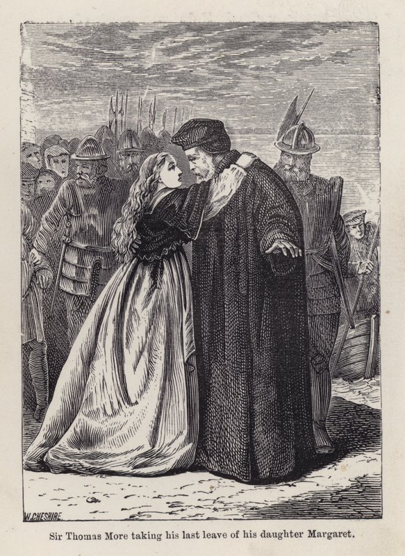 Sir Thomas More neemt afscheid van zijn dochter Margaret Roper (gravure) door English School