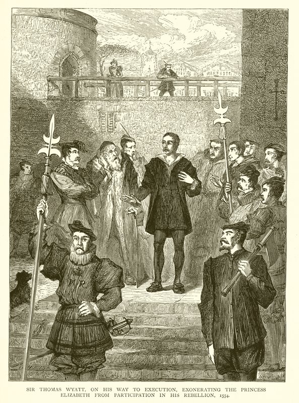 Sir Thomas Wyatt, op weg naar zijn executie, vrijwaart prinses Elizabeth van deelname aan zijn opstand, 1554 door English School