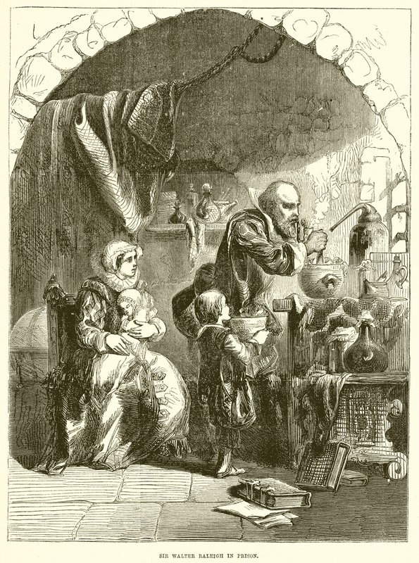 Sir Walter Raleigh in de gevangenis door English School