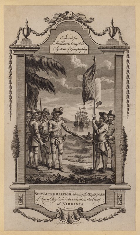 Sir Walter Raleigh beveelt de standaard van koningin Elizabeth op de kust van Virginia te plaatsen (gravure) door English School