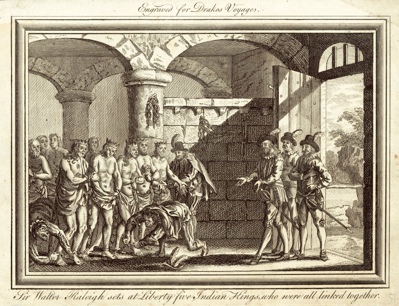 Sir Walter Raleigh bevrijdt vijf Indiase koningen, die allemaal met elkaar verbonden waren (gravure) door English School