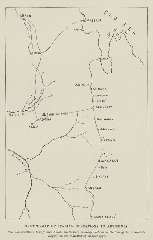 Schetskaart van Italiaanse operaties in Abessinië (gravure) door English School