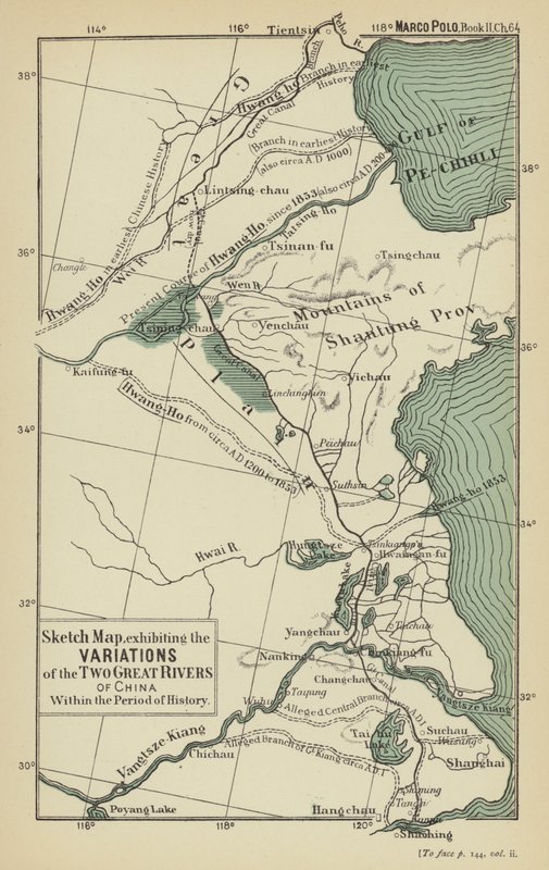 Schetskaart, die de variaties van de twee grote rivieren van China binnen de periode van de geschiedenis toont (kleur litho) door English School