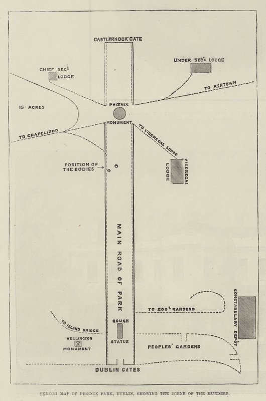 Schetskaart van Phoenix Park, Dublin, met de plaats van de moorden door English School