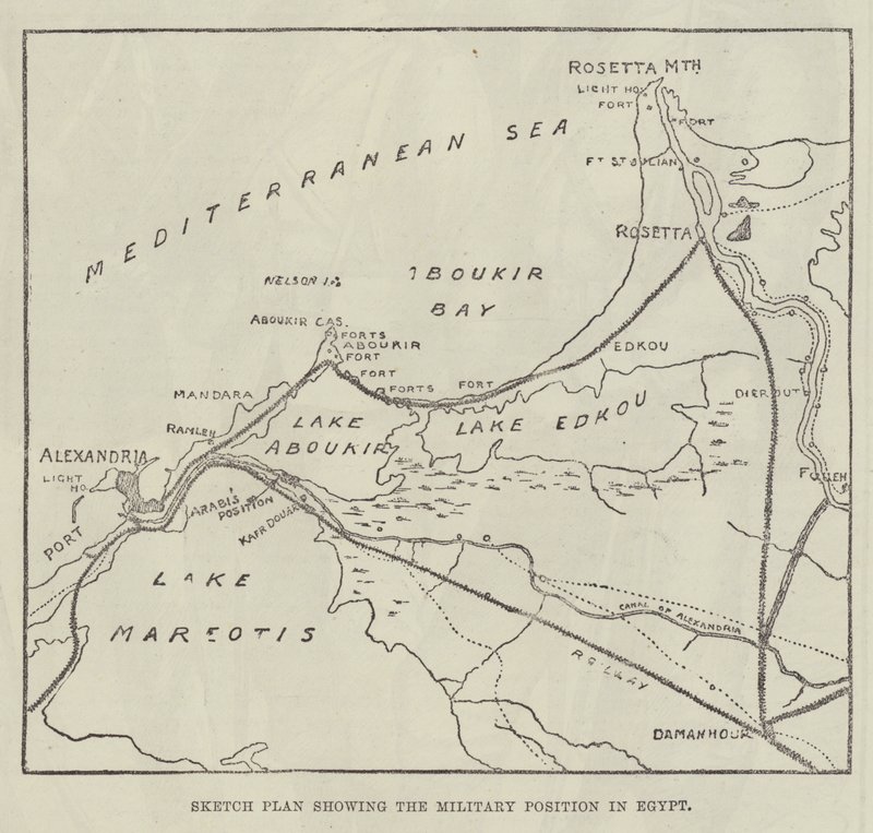 Schetsplan dat de militaire positie in Egypte toont (gravure) door English School
