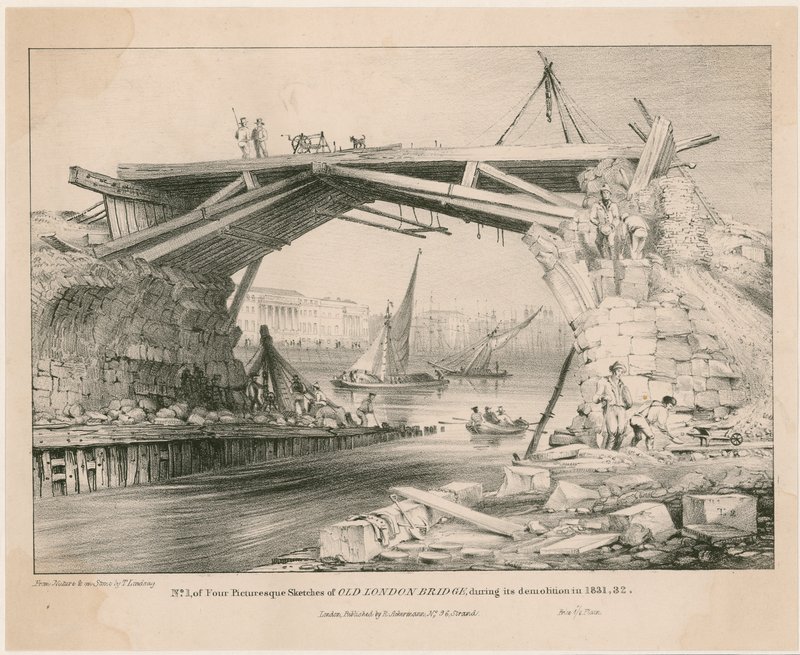 Schets van de oude London Bridge tijdens de sloop in 1831, 1832 door English School