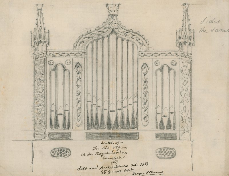Schets van het oude orgel in de Koninklijke Tuinen (Vauxhall Gardens, Londen) door English School