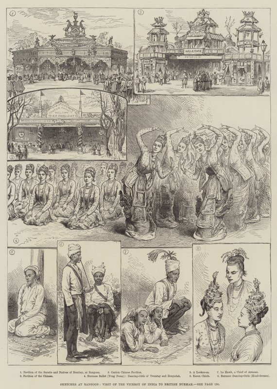 Schetsen in Rangoon, bezoek van de onderkoning van India aan Brits Birma door English School