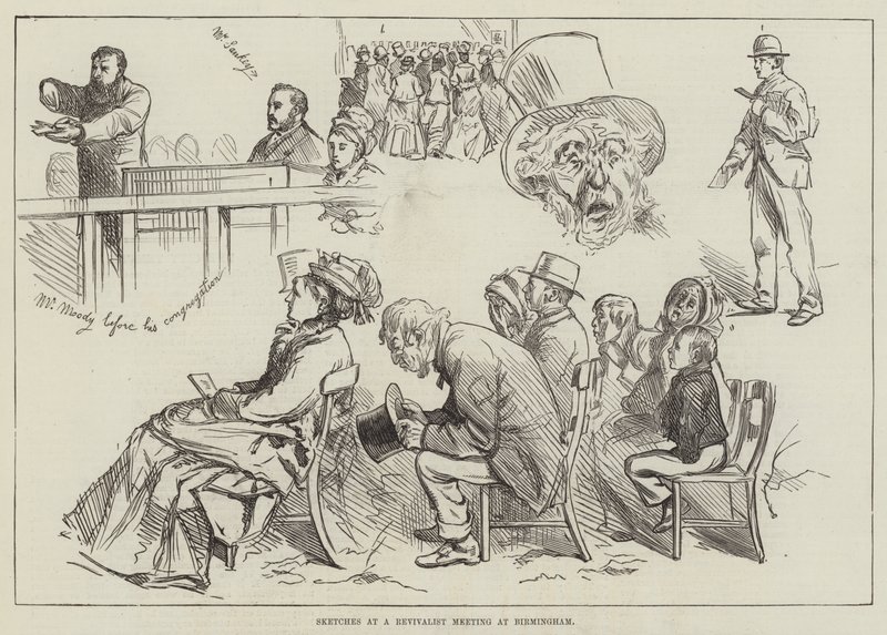 Schetsen van een opwekkingsbijeenkomst in Birmingham (gravure) door English School