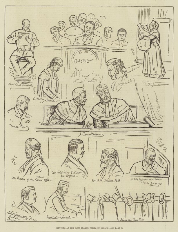 Schetsen bij de Land League-processen in Dublin (gravure) door English School