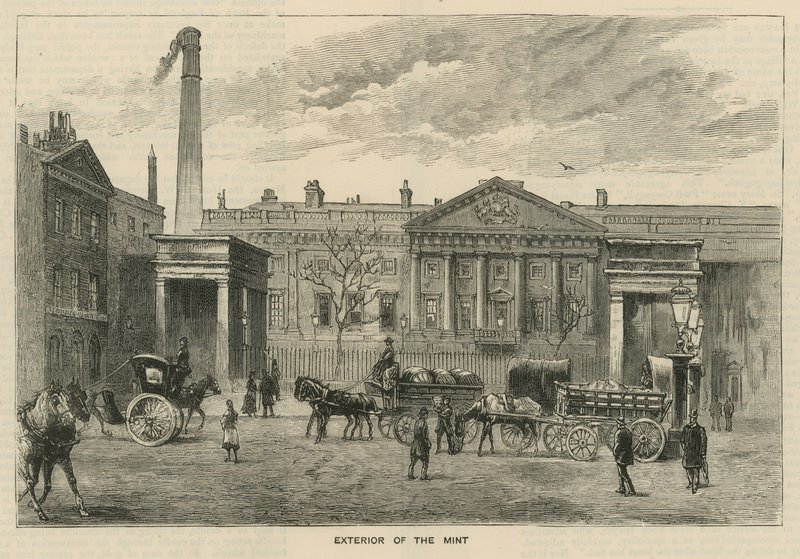 Schetsen bij de Royal Mint, Tower Hill; exterieur van de Munt door English School
