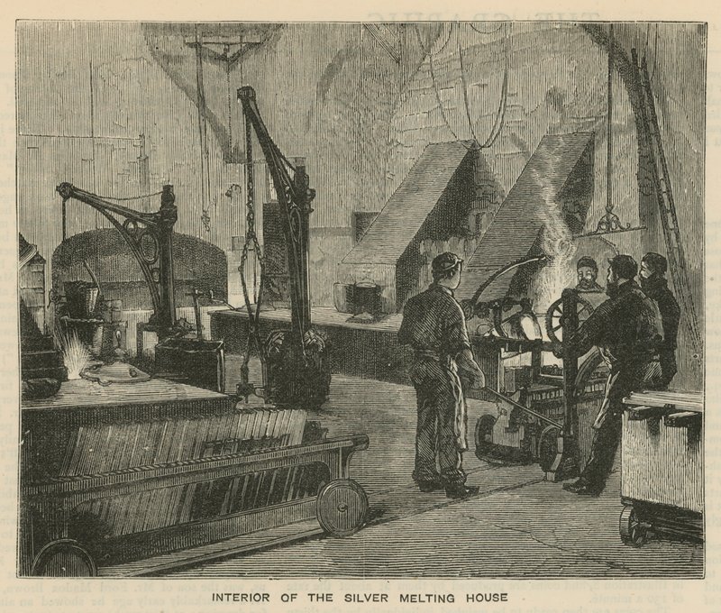 Schetsen bij de Royal Mint, Tower Hill; interieur van het zilversmelt huis door English School
