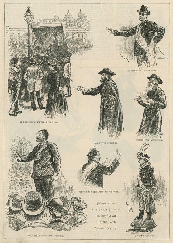 Schetsen bij de grote arbeidersdemonstratie in Hyde Park, zondag 3 mei 1891 door English School