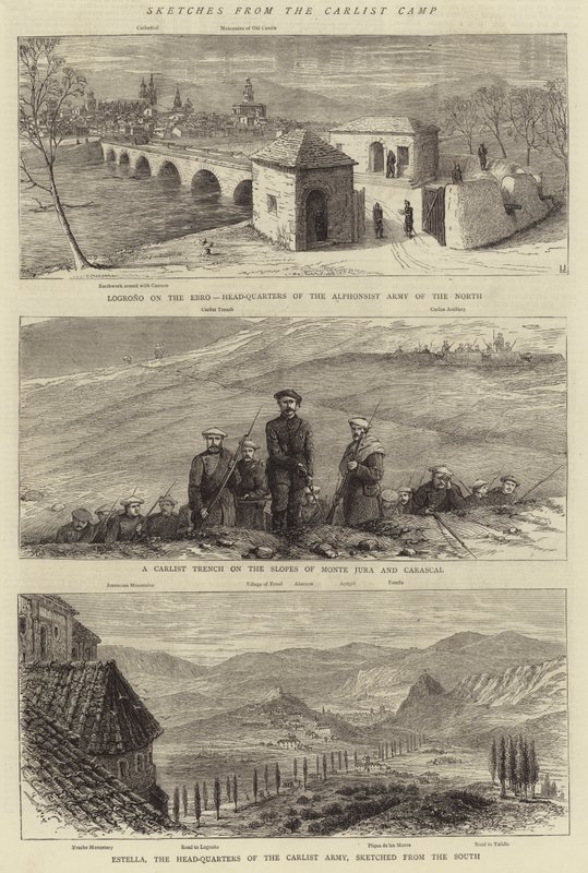 Schetsen uit het Carlist kamp (gravure) door English School