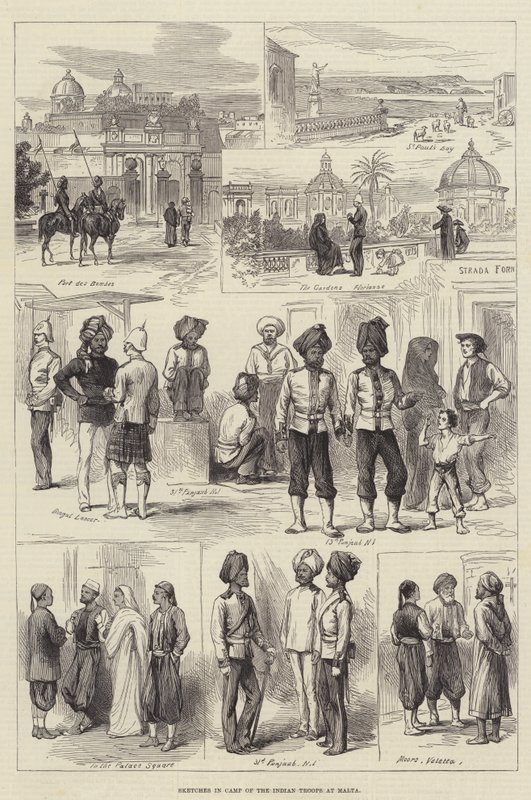 Schetsen in het Kamp van de Indiase Troepen op Malta (gravure) door English School