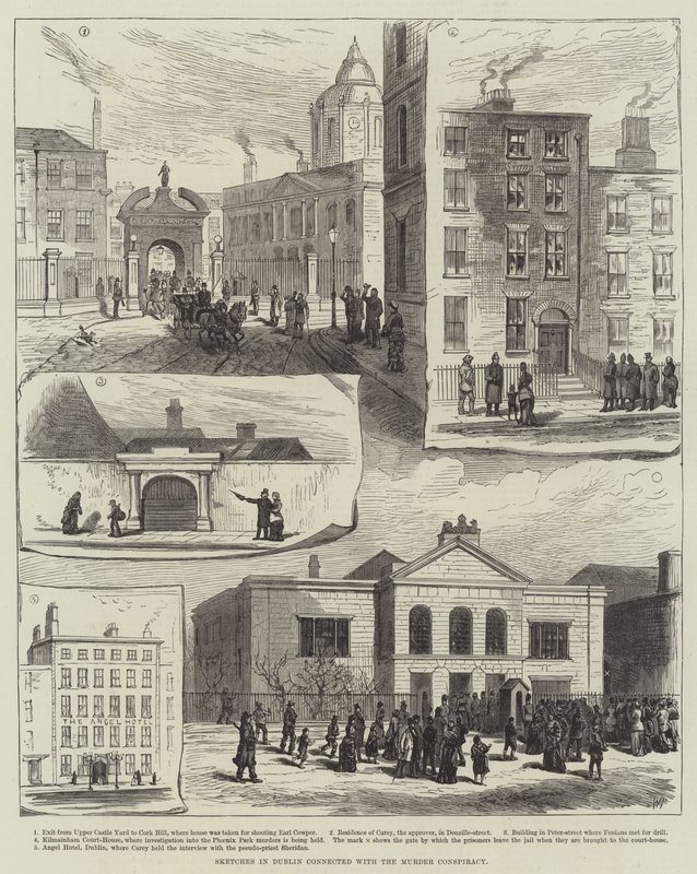 Schetsen in Dublin in verband met de moordcomplot door English School