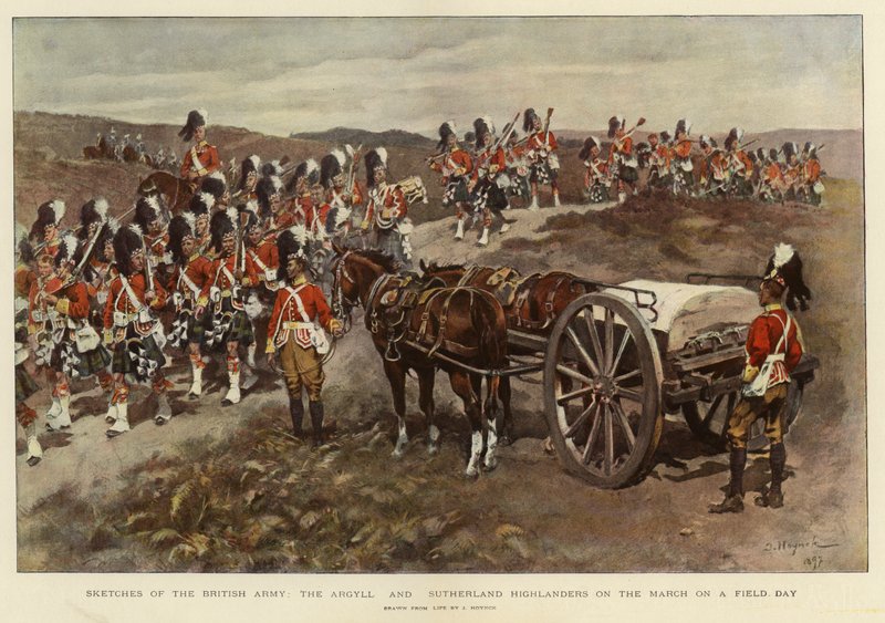Schetsen van het Britse leger, de Argyll en Sutherland Highlanders op mars tijdens een veldtocht door English School