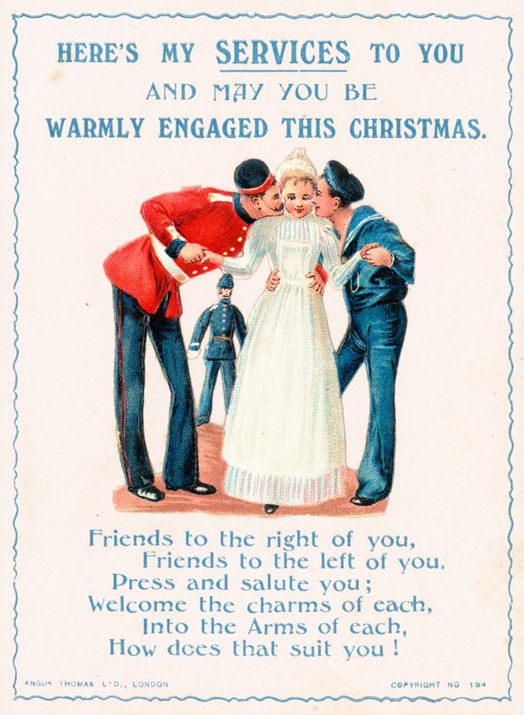 Soldaten kussen meisje, kerstkaart door English School