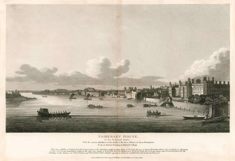 Somerset House, Londen, in zijn oorspronkelijke staat met de verschillende gebouwen aan de oevers van de rivier de Theems tot aan Westminster door English School