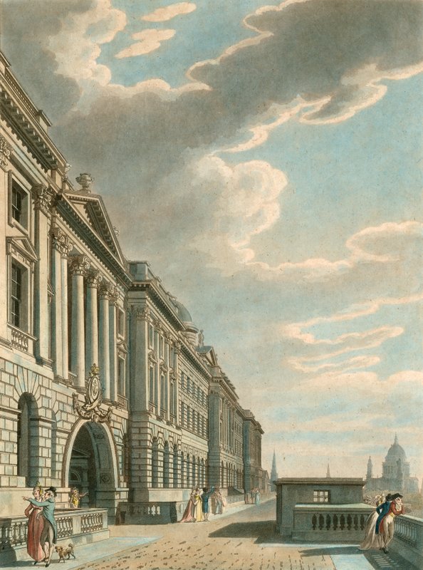 Somerset Terrace langs de rivier de Theems, Somerset House, The Strand, Londen door English School