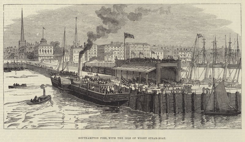 Southampton Pier, met de Isle of Wight stoomboot (gravure) door English School