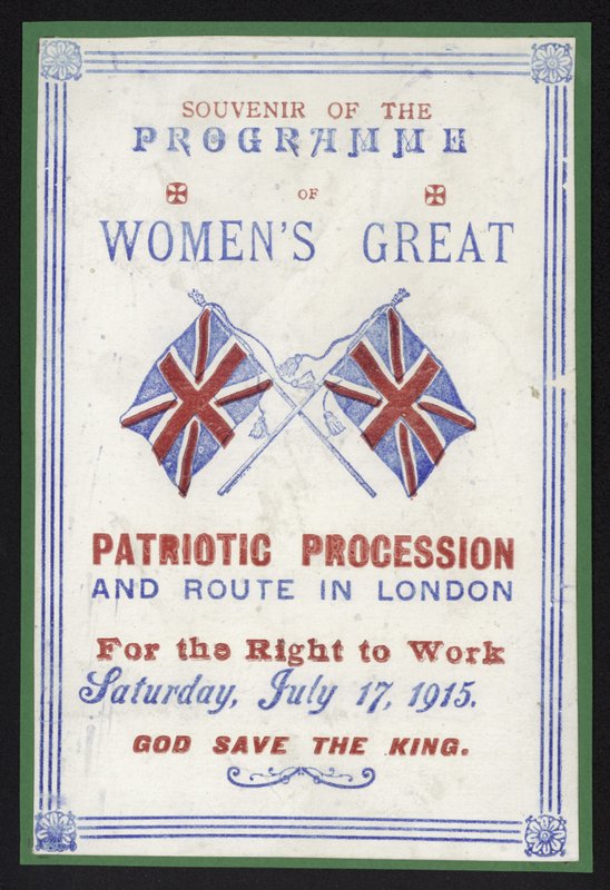 Souvenirprogramma van de vrouwenprocessie voor het recht op werk, Londen, 17 juli 1915 door English School