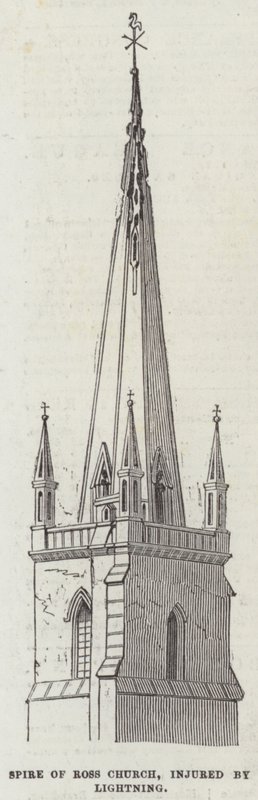 Spits van de Ross-kerk, beschadigd door bliksem door English School