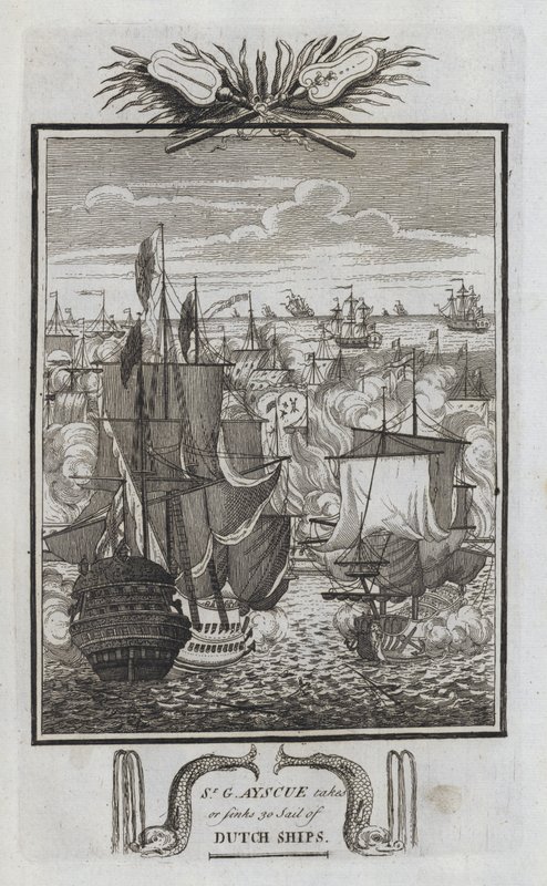 Sr G Ayscue neemt of zinkt 30 Nederlandse schepen (gravure) door English School