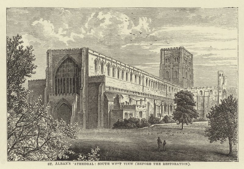 St Albans Kathedraal, zuidwestelijk zicht, voor de restauratie door English School
