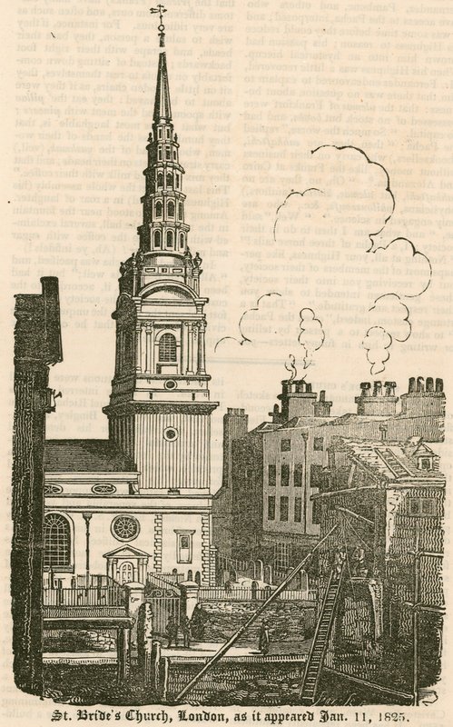 St Brides Kerk, Fleet Street, Londen, zoals het verscheen op 11 januari 1825 door English School