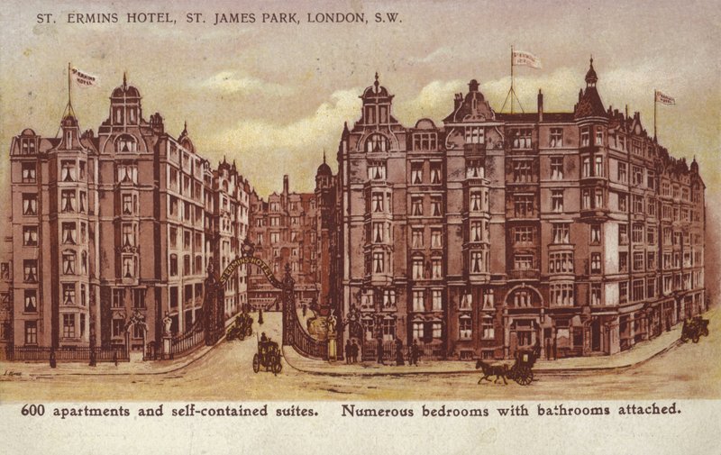 St Ermins Hotel, St James Park, Londen, Zuidwest door English School